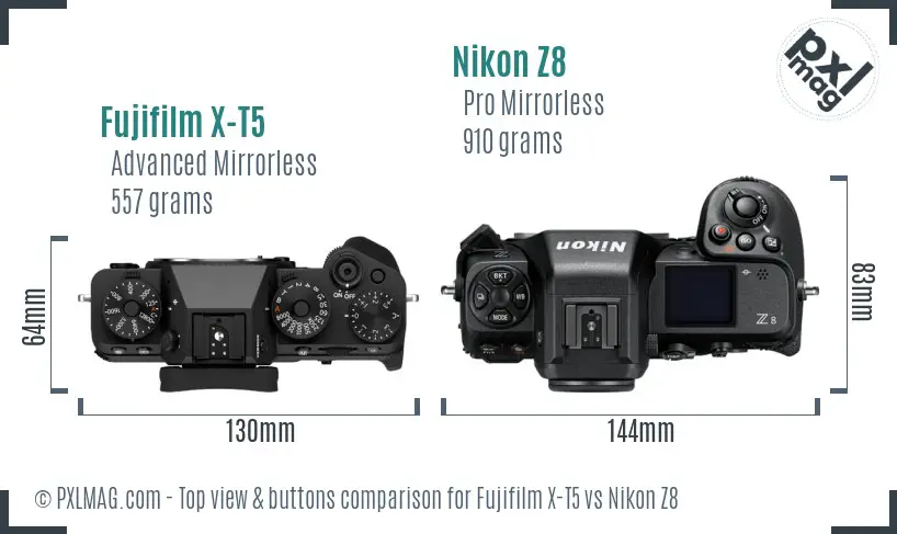 Fujifilm X-T5 vs Nikon Z8 top view buttons comparison