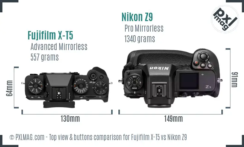 Fujifilm X-T5 vs Nikon Z9 top view buttons comparison