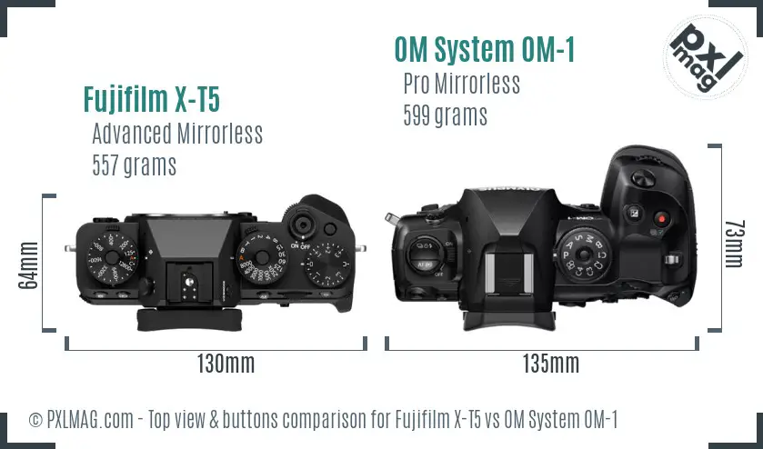 Fujifilm X-T5 vs OM System OM-1 top view buttons comparison