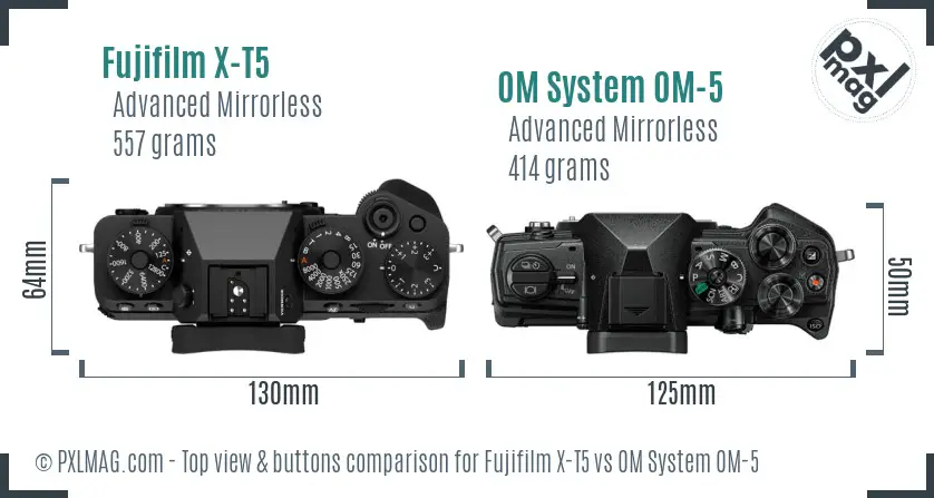 Fujifilm X-T5 vs OM System OM-5 top view buttons comparison