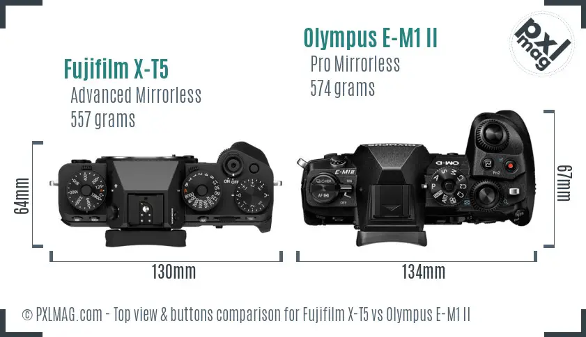 Fujifilm X-T5 vs Olympus E-M1 II top view buttons comparison
