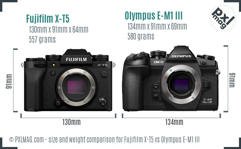 Fujifilm X-T5 vs Olympus E-M1 III size comparison