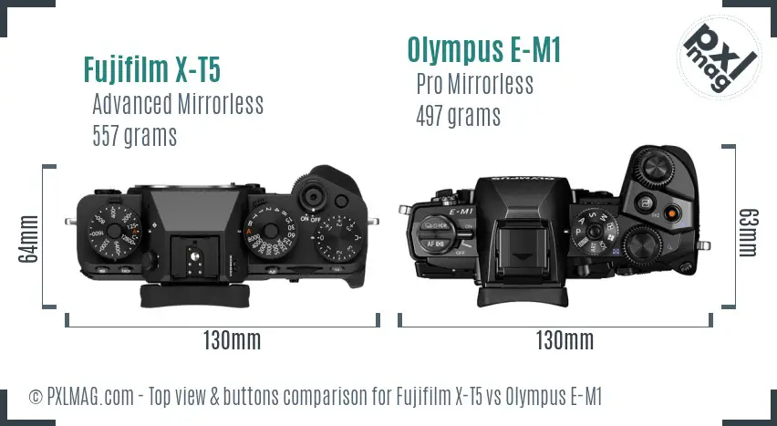 Fujifilm X-T5 vs Olympus E-M1 top view buttons comparison