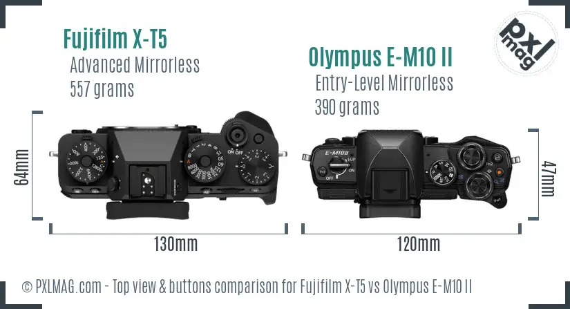 Fujifilm X-T5 vs Olympus E-M10 II top view buttons comparison