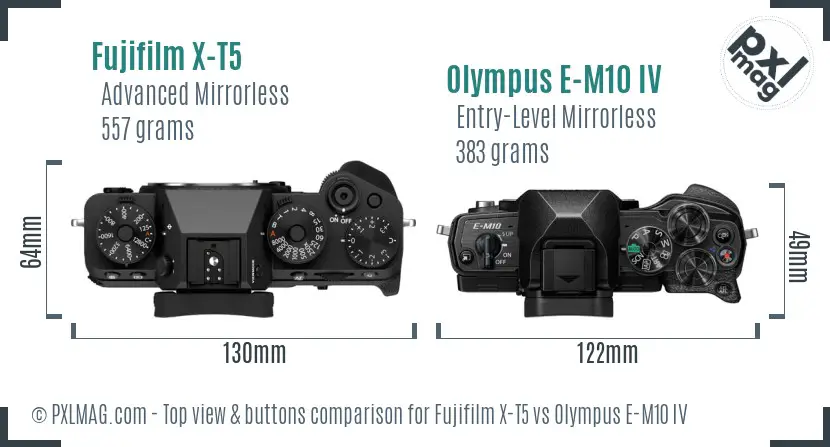 Fujifilm X-T5 vs Olympus E-M10 IV top view buttons comparison