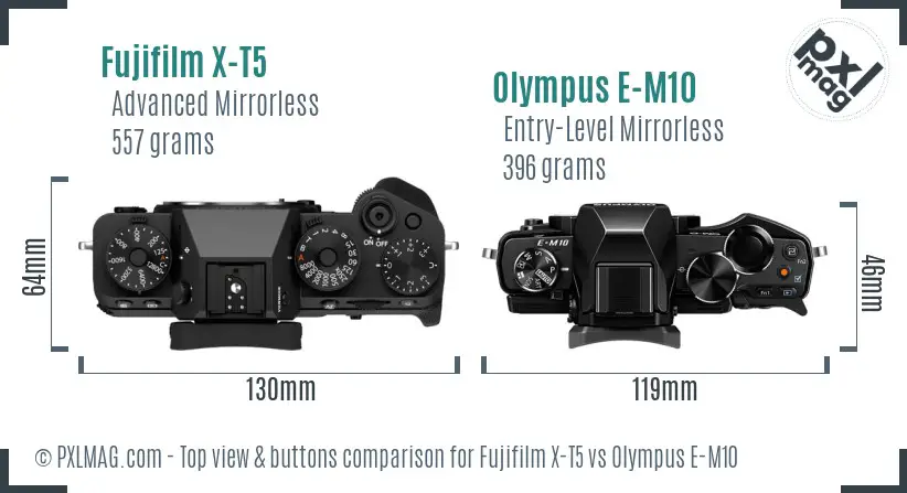Fujifilm X-T5 vs Olympus E-M10 top view buttons comparison