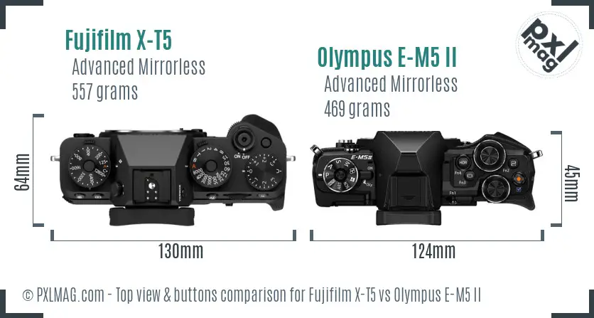 Fujifilm X-T5 vs Olympus E-M5 II top view buttons comparison