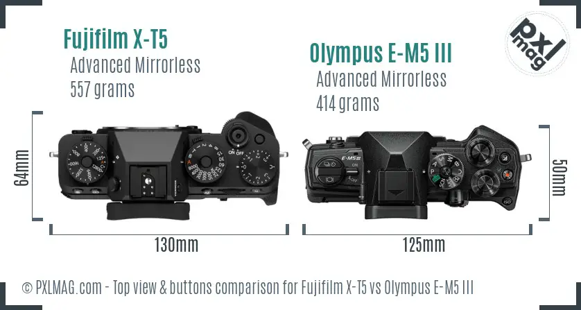 Fujifilm X-T5 vs Olympus E-M5 III top view buttons comparison
