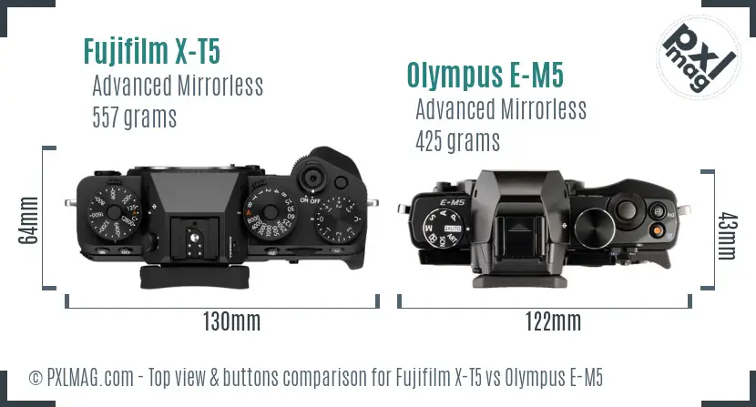 Fujifilm X-T5 vs Olympus E-M5 top view buttons comparison