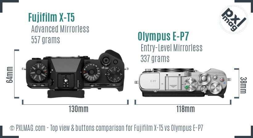Fujifilm X-T5 vs Olympus E-P7 top view buttons comparison