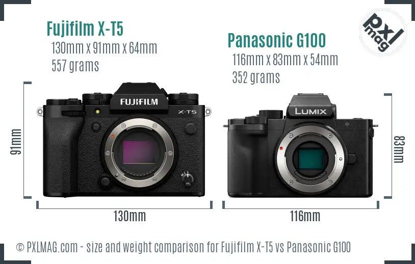 Fujifilm X-T5 vs Panasonic G100 size comparison Fujifilm X-T5 vs Panasonic G100 size comparison