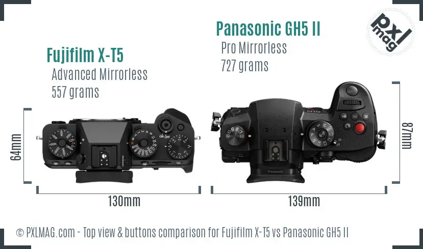 Fujifilm X-T5 vs Panasonic GH5 II top view buttons comparison