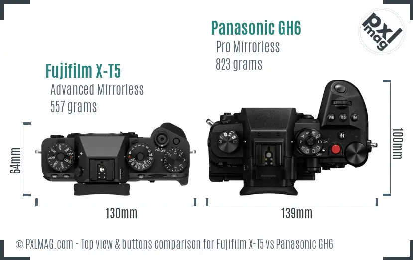 Fujifilm X-T5 vs Panasonic GH6 top view buttons comparison