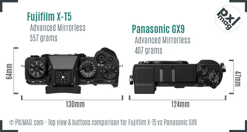 Fujifilm X-T5 vs Panasonic GX9 top view buttons comparison