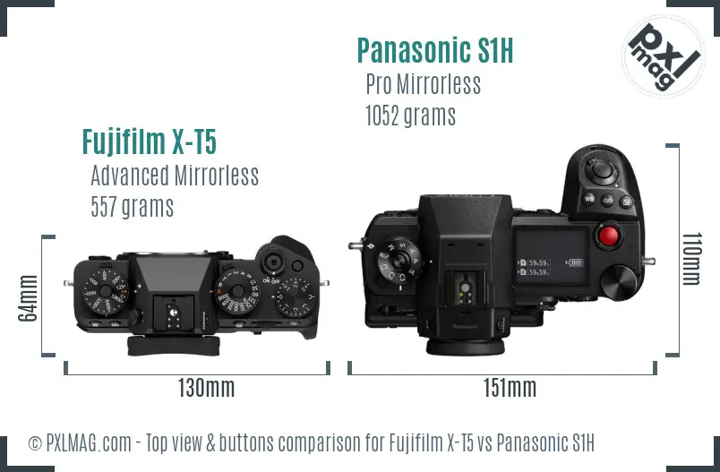 Fujifilm X-T5 vs Panasonic S1H top view buttons comparison Fujifilm X-T5 vs Panasonic S1H top view buttons comparison