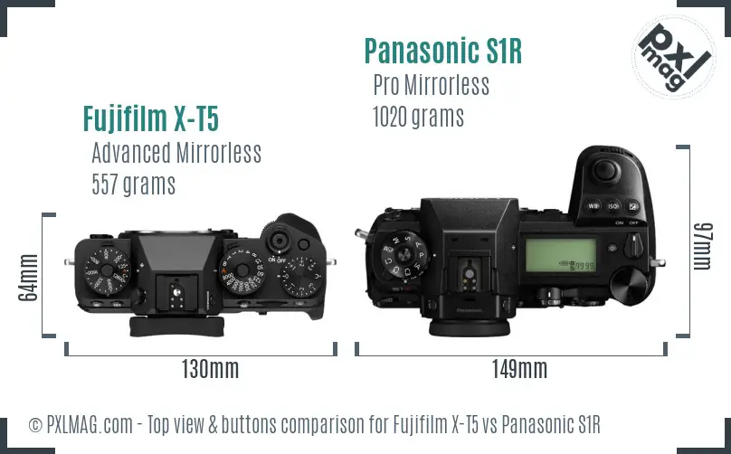Fujifilm X-T5 vs Panasonic S1R top view buttons comparison Fujifilm X-T5 vs Panasonic S1R top view buttons comparison