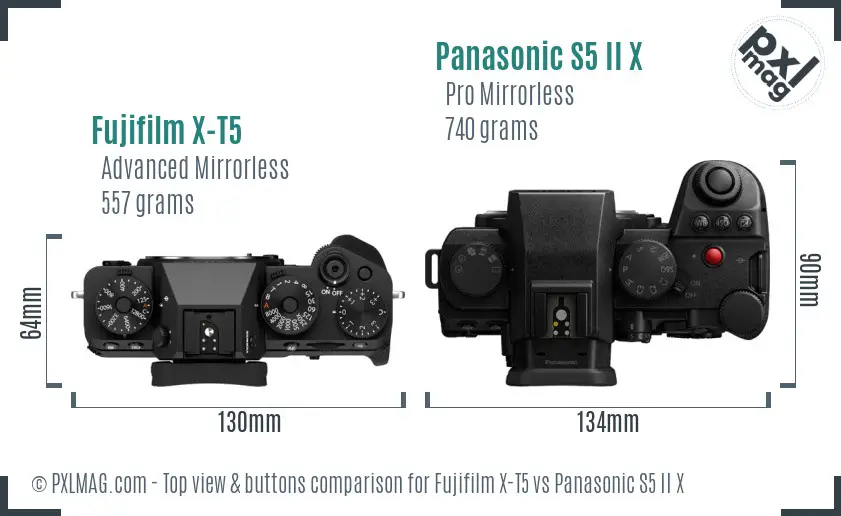 Fujifilm X-T5 vs Panasonic S5 II X top view buttons comparison