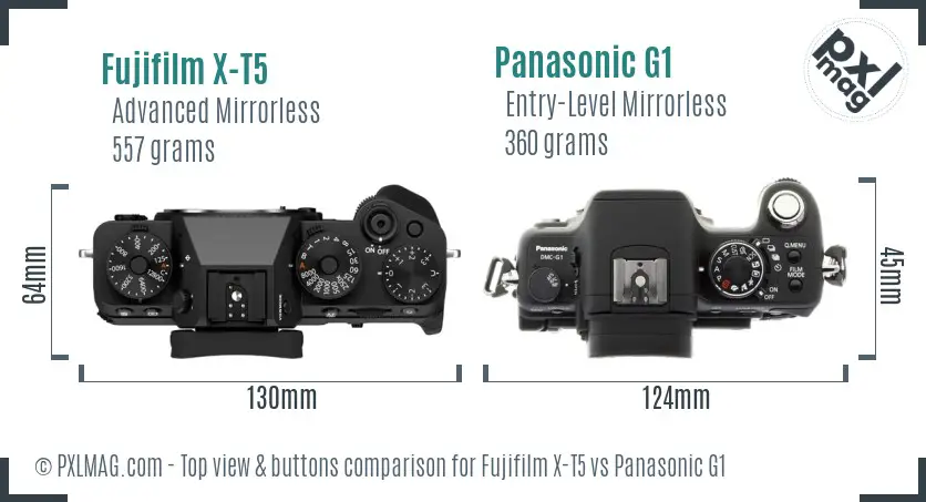 Fujifilm X-T5 vs Panasonic G1 top view buttons comparison