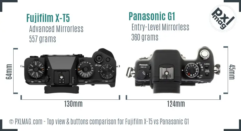 Fujifilm X-T5 vs Panasonic G1 top view buttons comparison Fujifilm X-T5 vs Panasonic G1 top view buttons comparison