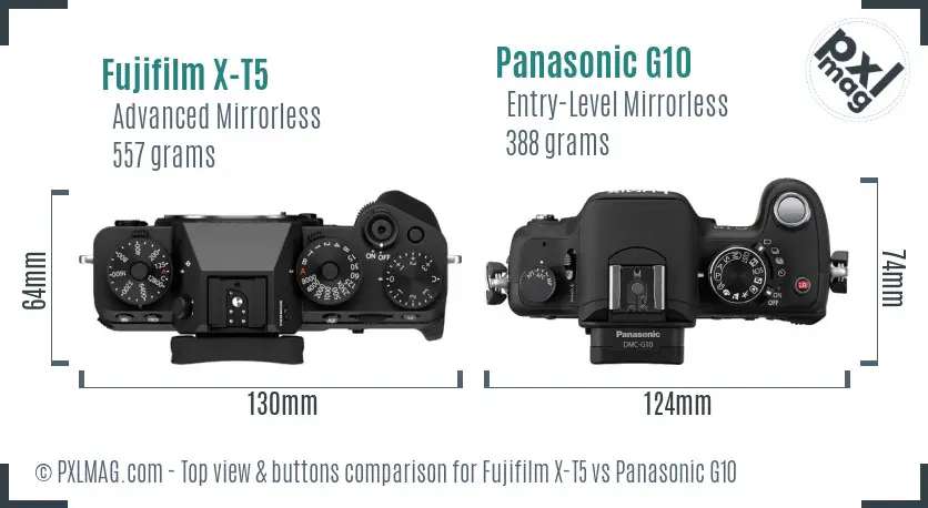 Fujifilm X-T5 vs Panasonic G10 top view buttons comparison