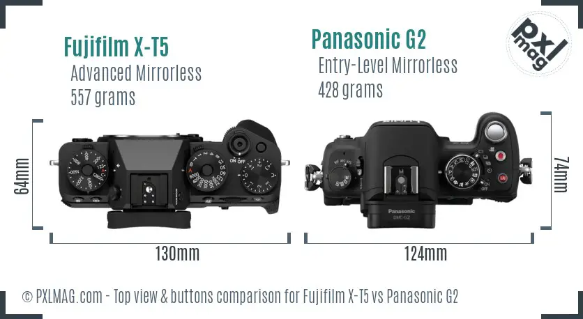 Fujifilm X-T5 vs Panasonic G2 top view buttons comparison Fujifilm X-T5 vs Panasonic G2 top view buttons comparison