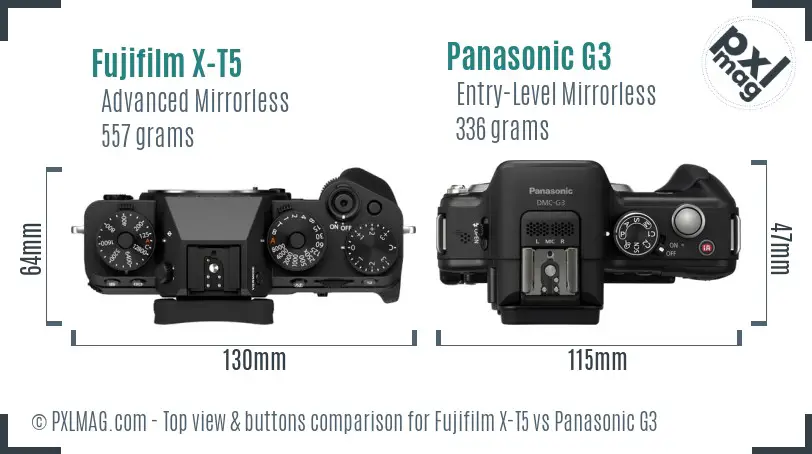 Fujifilm X-T5 vs Panasonic G3 top view buttons comparison