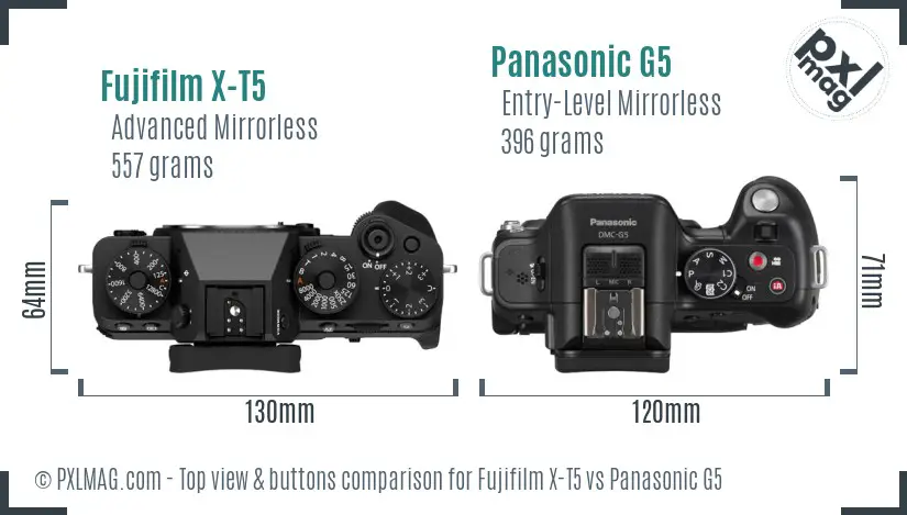 Fujifilm X-T5 vs Panasonic G5 top view buttons comparison Fujifilm X-T5 vs Panasonic G5 top view buttons comparison