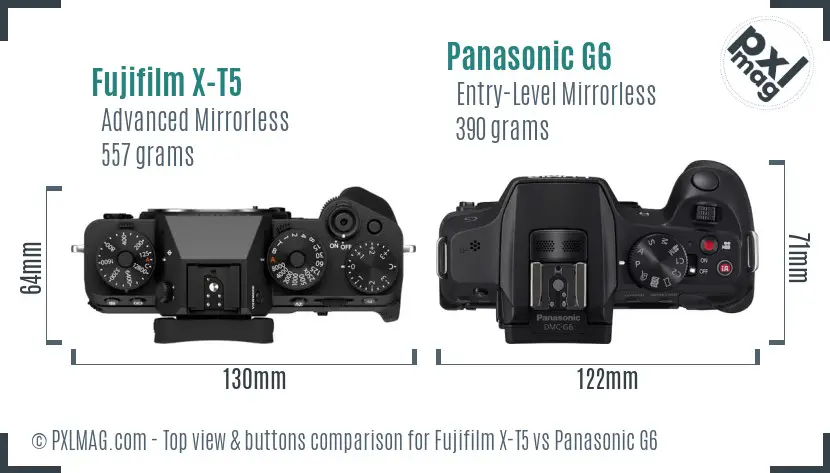 Fujifilm X-T5 vs Panasonic G6 top view buttons comparison
