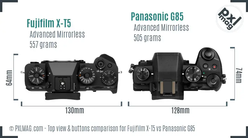 Fujifilm X-T5 vs Panasonic G85 top view buttons comparison