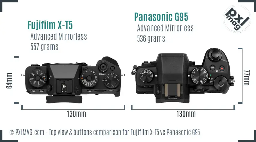 Fujifilm X-T5 vs Panasonic G95 top view buttons comparison