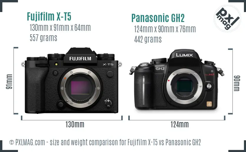 Fujifilm X-T5 vs Panasonic GH2 size comparison
