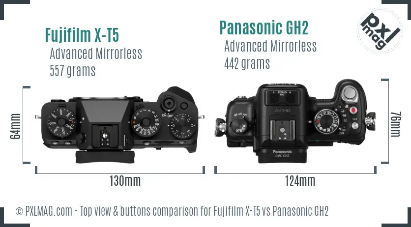 Fujifilm X-T5 vs Panasonic GH2 top view buttons comparison