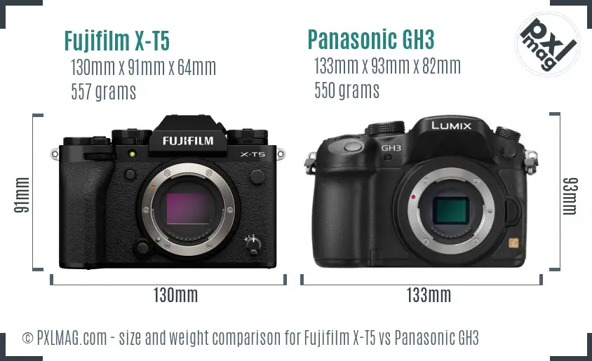 Fujifilm X-T5 vs Panasonic GH3 size comparison