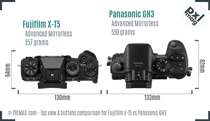 Fujifilm X-T5 vs Panasonic GH3 top view buttons comparison
