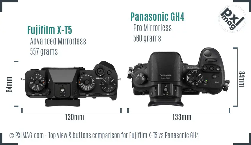 Fujifilm X-T5 vs Panasonic GH4 top view buttons comparison Fujifilm X-T5 vs Panasonic GH4 top view buttons comparison