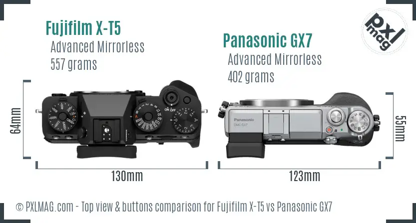 Fujifilm X-T5 vs Panasonic GX7 top view buttons comparison