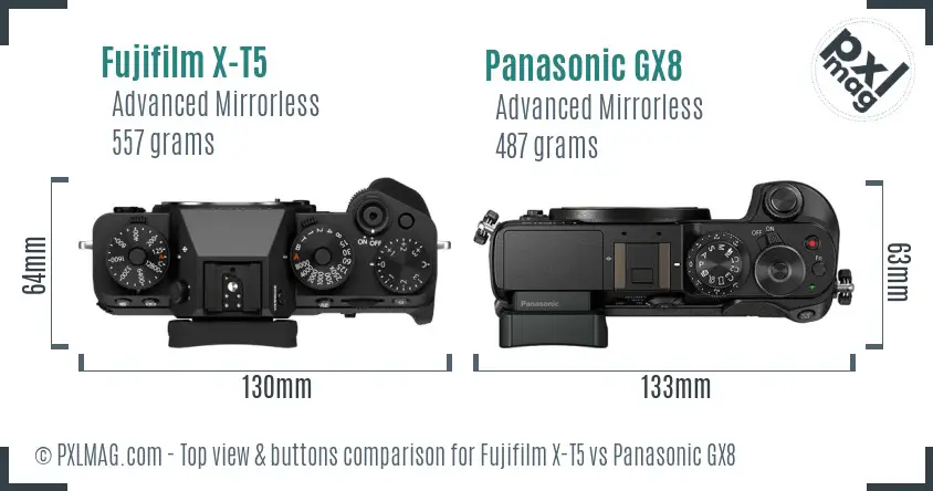 Fujifilm X-T5 vs Panasonic GX8 top view buttons comparison