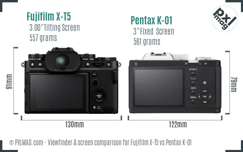 Fujifilm X-T5 vs Pentax K-01 Screen and Viewfinder comparison