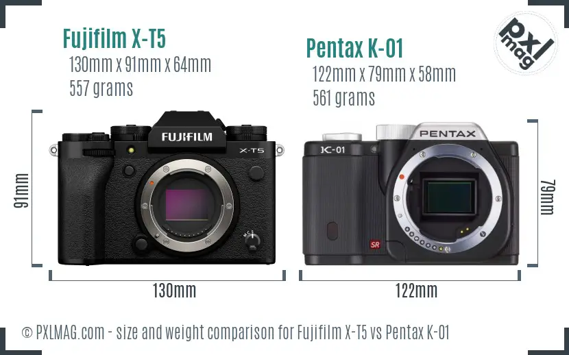 Fujifilm X-T5 vs Pentax K-01 size comparison