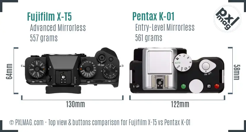 Fujifilm X-T5 vs Pentax K-01 top view buttons comparison