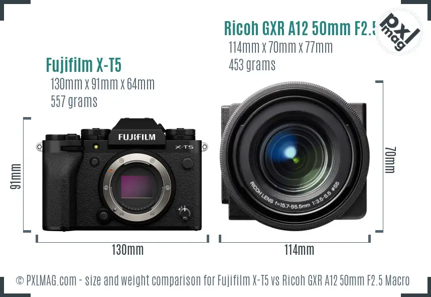 Fujifilm X-T5 vs Ricoh GXR A12 50mm F2.5 Macro size comparison