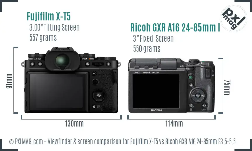 Fujifilm X-T5 vs Ricoh GXR A16 24-85mm F3.5-5.5 Screen and Viewfinder comparison