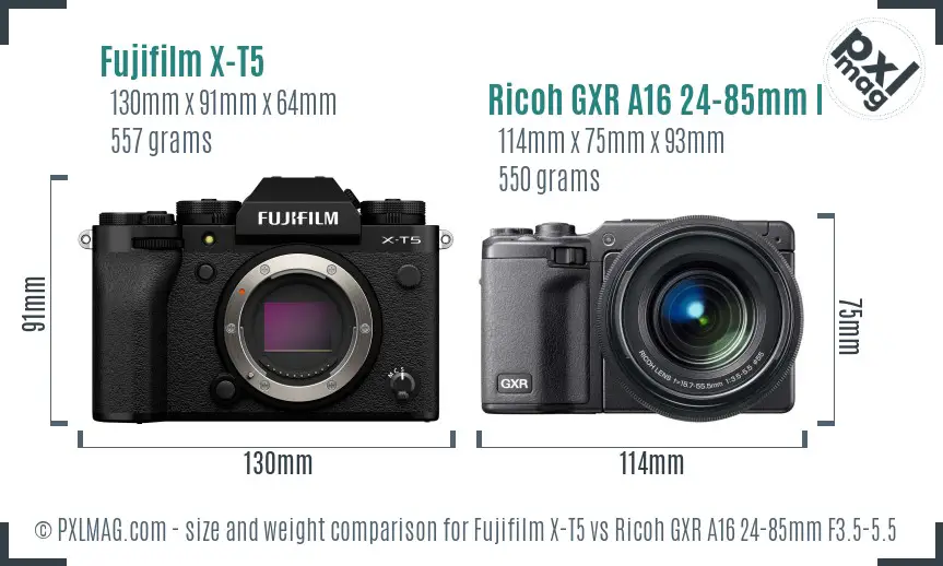Fujifilm X-T5 vs Ricoh GXR A16 24-85mm F3.5-5.5 size comparison