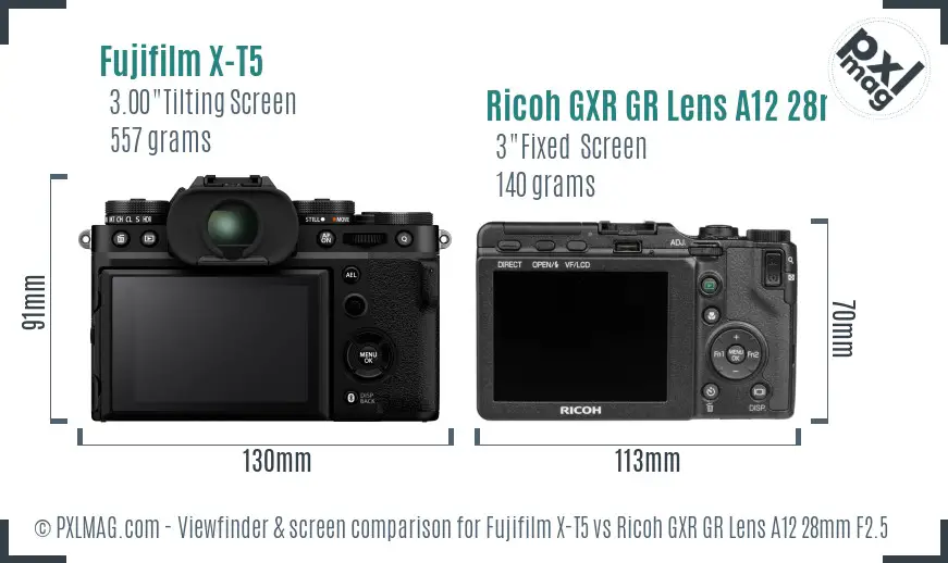 Fujifilm X-T5 vs Ricoh GXR GR Lens A12 28mm F2.5 Screen and Viewfinder comparison