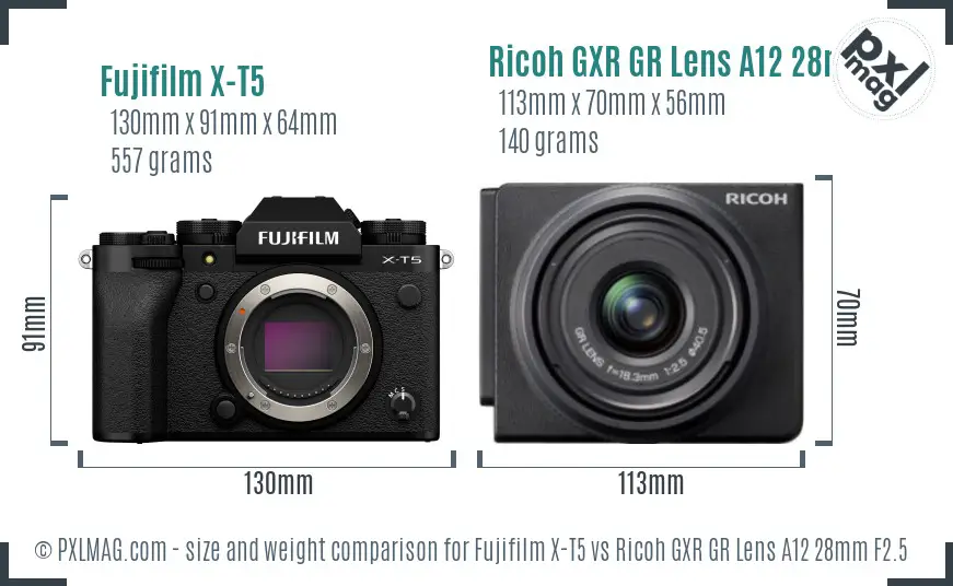 Fujifilm X-T5 vs Ricoh GXR GR Lens A12 28mm F2.5 size comparison