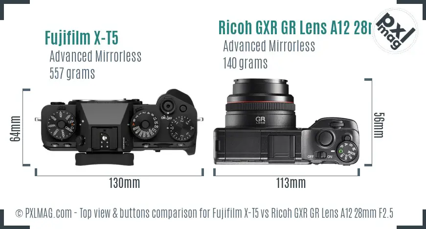 Fujifilm X-T5 vs Ricoh GXR GR Lens A12 28mm F2.5 top view buttons comparison