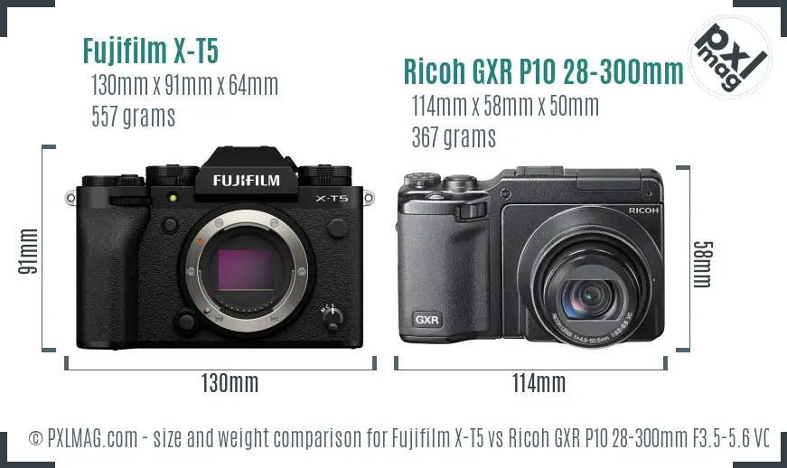 Fujifilm X-T5 vs Ricoh GXR P10 28-300mm F3.5-5.6 VC size comparison