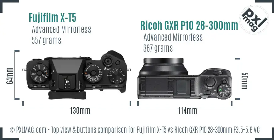 Fujifilm X-T5 vs Ricoh GXR P10 28-300mm F3.5-5.6 VC top view buttons comparison