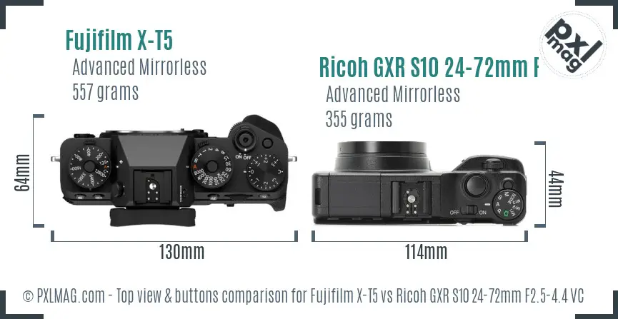 Fujifilm X-T5 vs Ricoh GXR S10 24-72mm F2.5-4.4 VC top view buttons comparison
