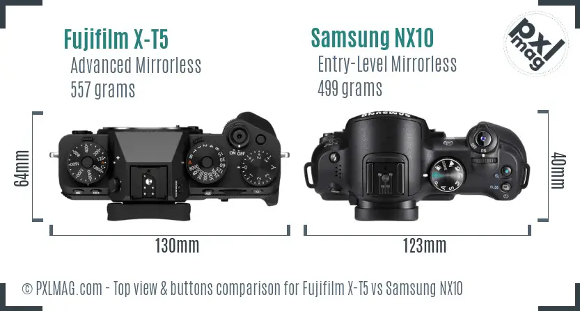 Fujifilm X-T5 vs Samsung NX10 top view buttons comparison